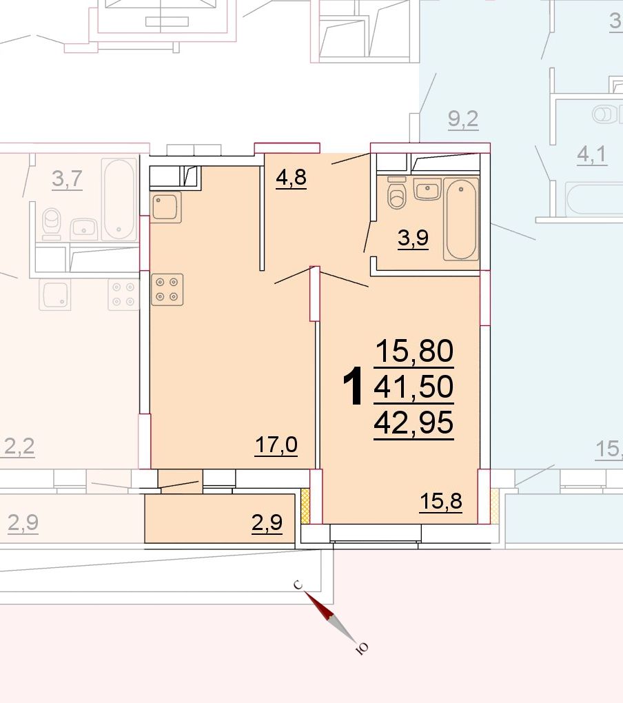 Микрорайон «Центральный», корпус 52г, секция 2, квартира 42,95 м2